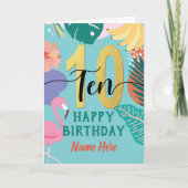 第10誕生日トロピカルフローラピンクフラミンゴ カード (正面)
