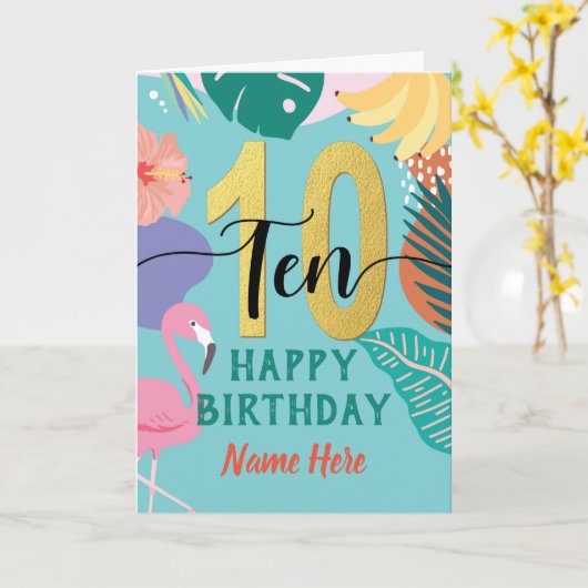 第10誕生日トロピカルフローラピンクフラミンゴ カード (黄色い花)