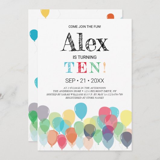 第10誕生日バルーンパーティの招待状 招待状 (正面/裏面)