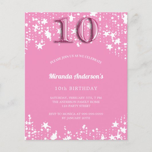 第10誕生日ピンクのホワイトスターズの予算招待状 チラシ (正面)
