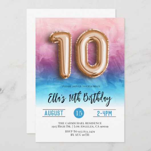第10誕生日ピンクブルーグラデーション招待状 招待状 (正面/裏面)