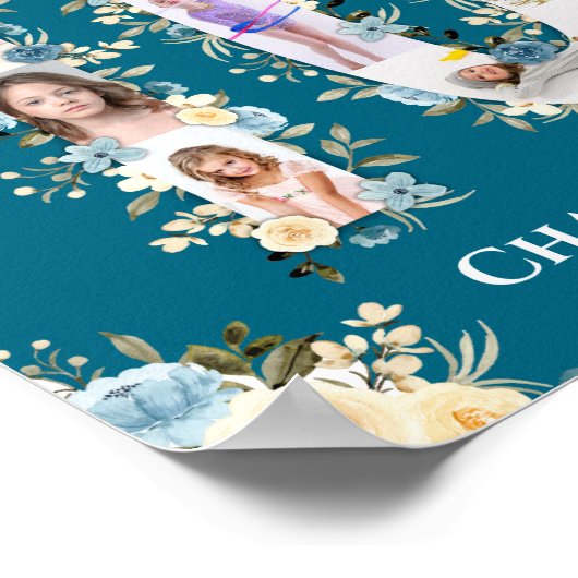 第10誕生日フォトコラージイエローフラワーティール（緑がかった色） ポスター (角)