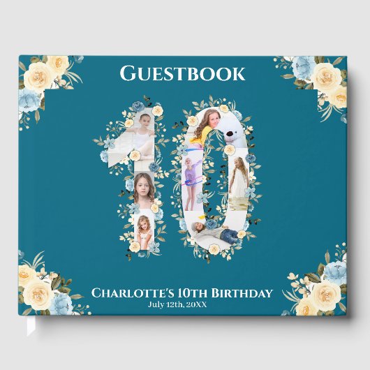 第10誕生日フォトコラージュティール(緑がかった色)黄色い花 ゲストブック (正面)