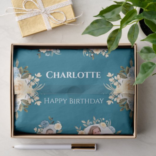 第10誕生日フォトコラージュティール(緑がかった色)黄色い花 薄葉紙 (ギフト)