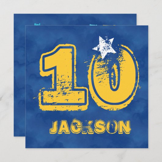 第10誕生日ブルーおよびモダン金ゴールドグランジG10B 招待状 (正面/裏面)