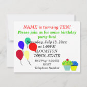 第10誕生日ブルーグリーンカップケーキパーティー 招待状 (裏面)