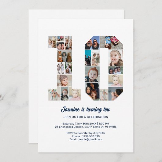 第10誕生日第10カスタム号写真コラージュ 招待状 (正面/裏面)