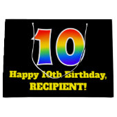 第10誕生日～おもしろい, カラフル, 鮮やか, Rainbow 10 ラージペーパーバッグ (正面)
