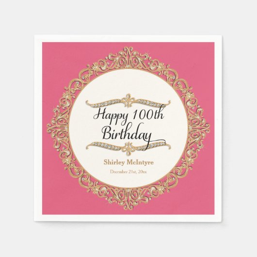 第100ハッピーバースデーパーティーお祝いラウンドデコール スタンダードカクテルナプキン (正面)
