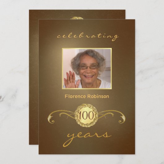 第100バースデーパーティ招待状-アンティーク金ゴールド 招待状 (正面/裏面)