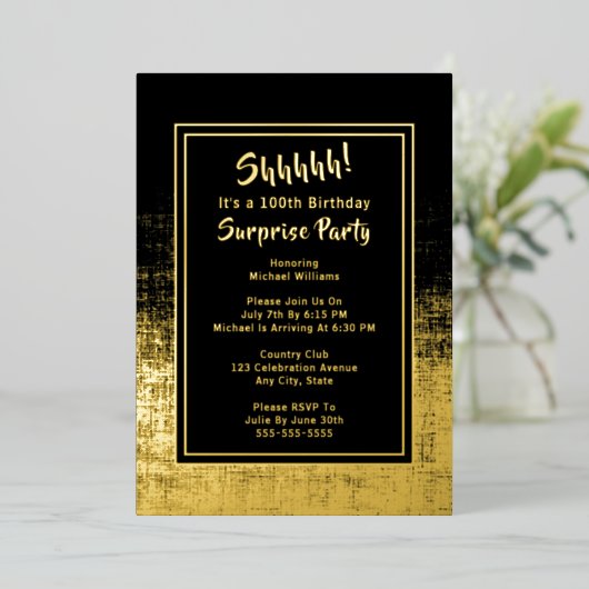 第100回サプライズ誕生日写真オンバックブラック&金ゴールド 箔招待状 (立ち正面)