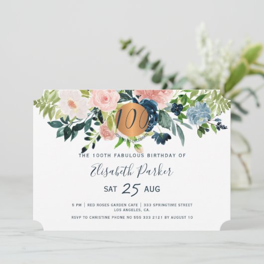 第100回ネイビーモダンフローラ水彩誕生日パーティー 招待状 (スタンド正面)