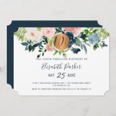 第100回ネイビーモダンフローラ水彩誕生日パーティー 招待状 (正面/裏面)