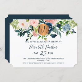 第100回ネイビーモダンフローラ水彩誕生日パーティー 招待状