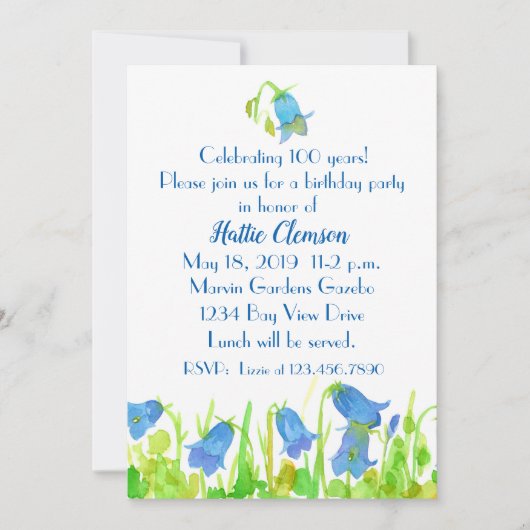 第100回バースデーパーティーブルーワイルドフラワーカスタムズ 招待状 (正面)