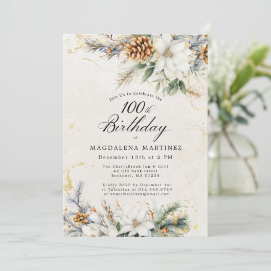第100回バースデーパーティー冬の白いフローラ緑 招待状 (スタンド正面)