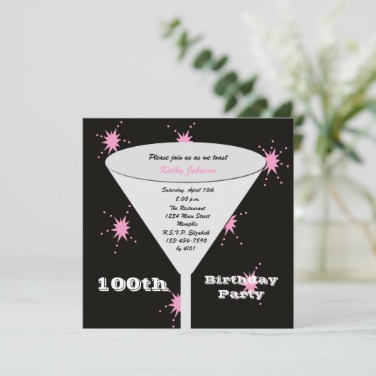第100回バースデーパーティー招待ピンク100回トースト 招待状 (スタンド正面)