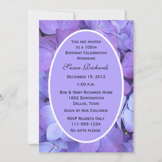 第100回バースデーパーティー招待紫陽花 招待状 (正面)
