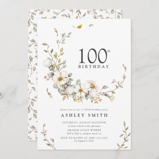 第100回バースデーパーティー水素朴色ワイルドフラワー 招待状 (正面/裏面)