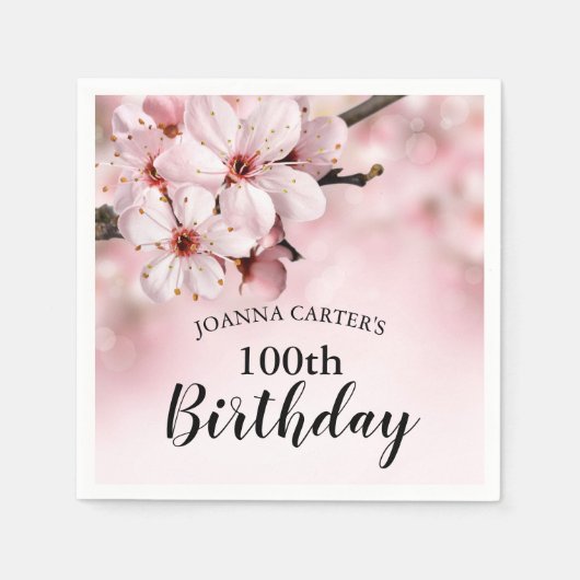 第100回バースデーパーティー |ピンクの花 スタンダードカクテルナプキン (正面)