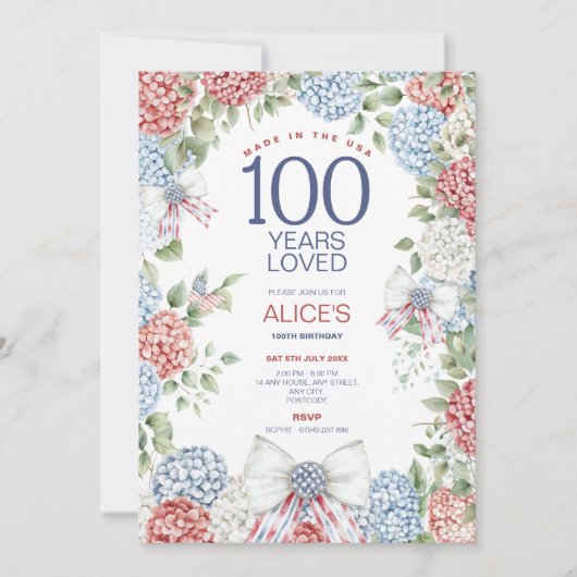 第100回バースデーパーティー、レッドホワイト&ブルー、7月4日 招待状 (正面)