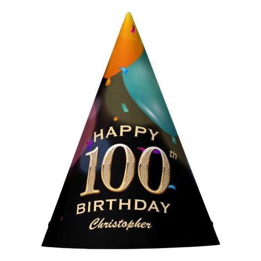 第100回誕生パーティーブラック&金ゴールドパーティーハット パーティーハット (正面)