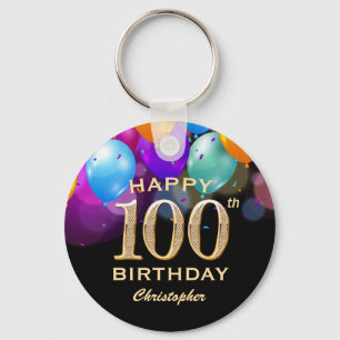 第100回誕生パーティーブラック&金ゴールド気球 キーホルダー
