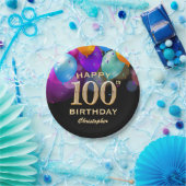 第100回誕生パーティーブラック&金ゴールド気球 ペーパープレート (パーティー)