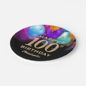 第100回誕生パーティーブラック&金ゴールド気球 ペーパープレート (アングル)