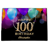 第100回誕生パーティーブラック&金ゴールド気球 ラージペーパーバッグ (正面)