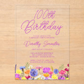 第100回誕生会パープルワイルドフラワー アクリル招待状 (正面)
