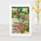 第100回誕生日カード – 赤ゲラニウム カード (黄色い花)