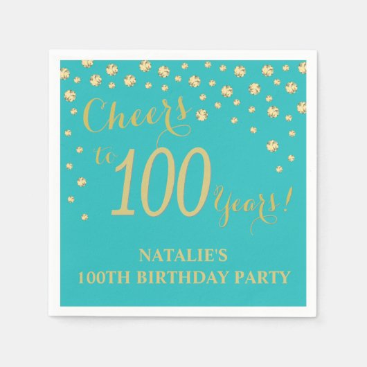 第100回誕生日パーティーティール(緑がかった色)と金ゴールド·ダイヤモンド·ナプキンズ スタンダードカクテルナプキン (正面)