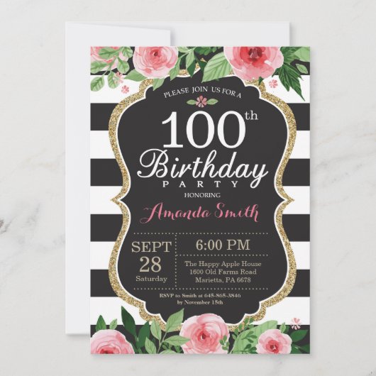 第100回誕生日招待状女性。フローラ金ゴールド黒 招待状 (正面)