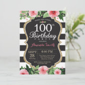 第100回誕生日招待状女性。フローラ金ゴールド黒 招待状 (スタンド正面)