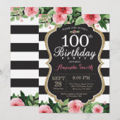 第100回誕生日招待状女性。フローラ金ゴールド黒 招待状 (正面/裏面)
