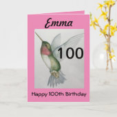 第100誕生日エレガントピンクハミングバードウォーター色 カード (黄色い花)