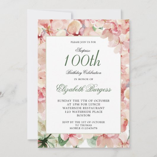 第100誕生日エレガントフォトフローラ誕生日 招待状 (正面)
