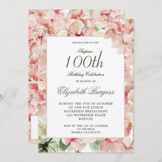 第100誕生日エレガントフォトフローラ誕生日 招待状 (正面/裏面)