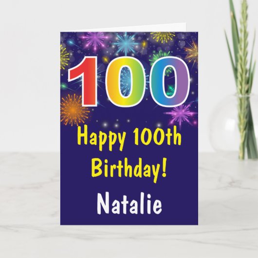 第100誕生日カラフルレインボー花火ネイビーブルー カード (正面)