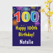 第100誕生日カラフルレインボー花火ネイビーブルー カード (黄色い花)