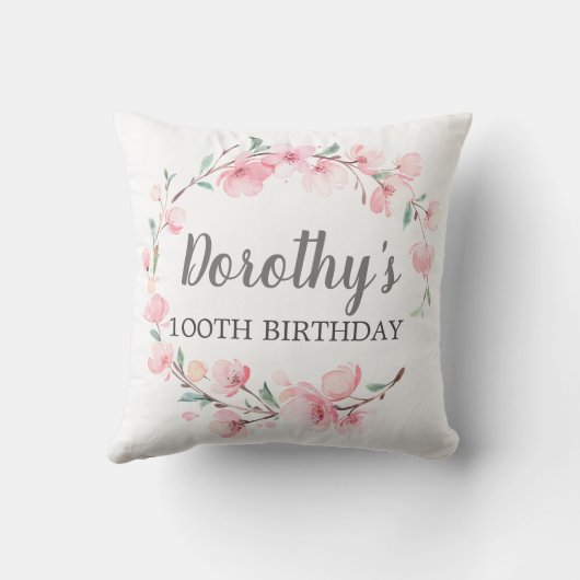 第100誕生日ギフトピンクさくらんぼ花フローラ クッション (裏面)