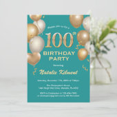 第100誕生日ティール（緑がかった色）と金ゴールドグリッターバルーン 招待状 (スタンド正面)