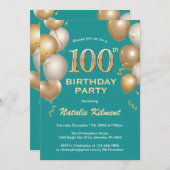 第100誕生日ティール（緑がかった色）と金ゴールドグリッターバルーン 招待状 (正面/裏面)