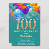 第100誕生日ティール(緑がかった色)と金ゴールド吹カラフル球 招待状 (正面/裏面)
