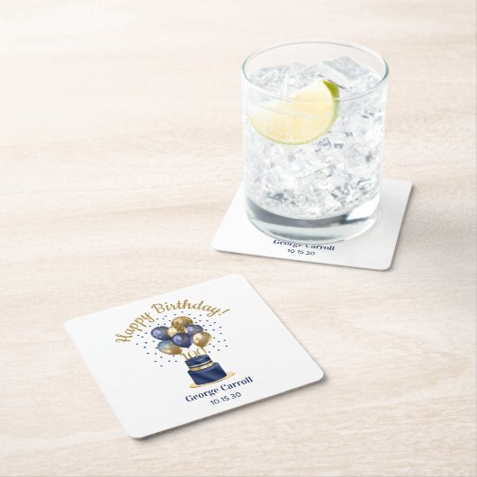 第100誕生日ネイビーブルーバルーンケーキ スクエアペーパーコースター (インサイチュ)