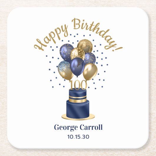 第100誕生日ネイビーブルーバルーンケーキ スクエアペーパーコースター (正面)