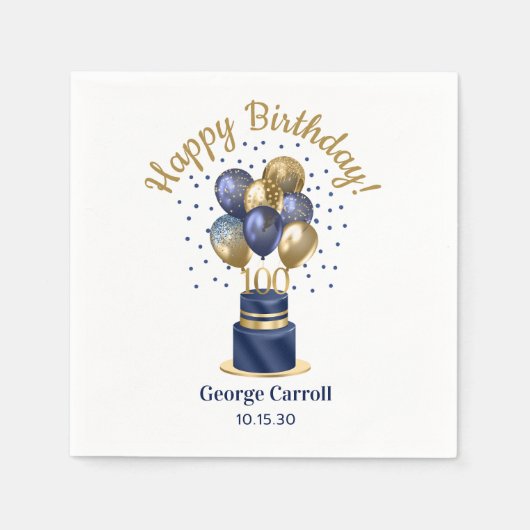 第100誕生日ネイビーブルーバルーンケーキ スタンダードカクテルナプキン (正面)