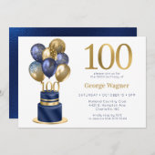 第100誕生日ネイビーブルーバルーンケーキ 招待状 (正面/裏面)