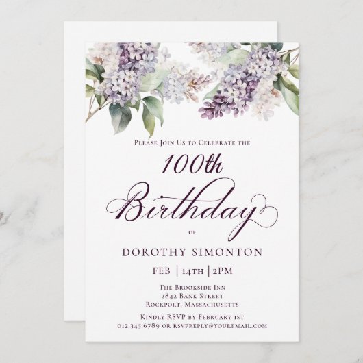 第100誕生日パープル春薄紫フラワーインビタティ 招待状 (正面/裏面)
